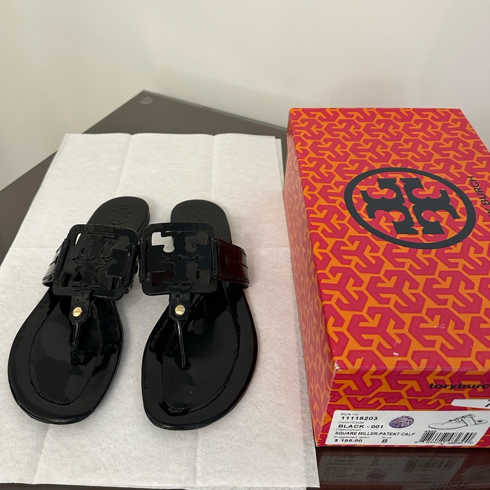 Tory Burch Square Miller Black Patent Sandals. Size 8